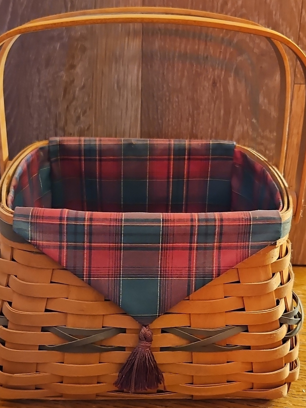Longaberger Woven Basket with Red and Green Plaid Liner